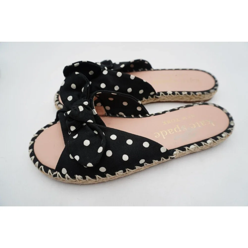 Kate Spade New York Saltie Shore Espadrille Slide Sandals Black Polka Women's 8B